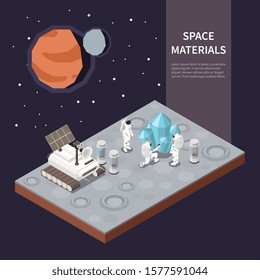 Group of astronauts exploring planet and collecting materials near their space ship 3d isometric vector illustration