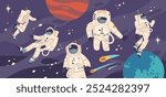 Group Of Astronauts Floating In Space, Surrounded By Stars, Planets And Asteroids. Vector Illustration Captures Wonder