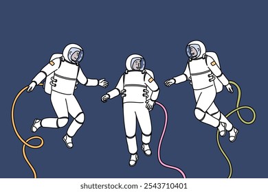 Group of astronauts participating in space research mission floats in zero gravity, dressed in spacesuits. Teamwork of astronauts going on scientific expedition in orbit of planet or in galaxy