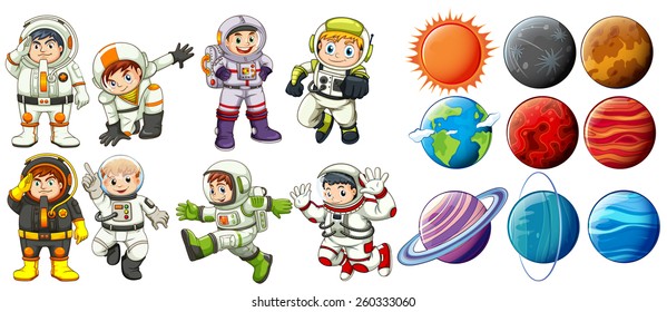 Group of astronauts and the planets on a white background