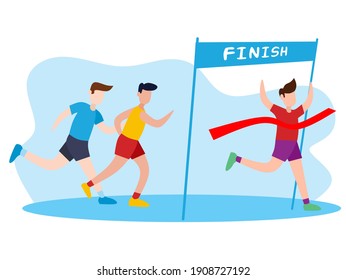 Group of athlete sportmen team run marathon distance at finish line. Sport jogging. Running championship. Flat vector illustration