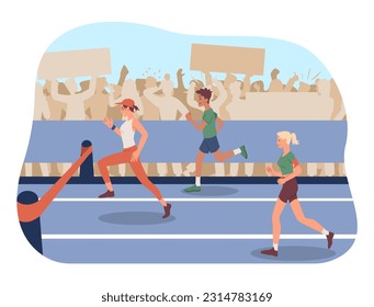 Grupo de atletas en el concepto de competencia. Hombres y mujeres corren en el estadio. Atletas y maratonistas en competencias y torneos. Estilo de vida activo y deportes. Dibujo vectorial plano de dibujos animados