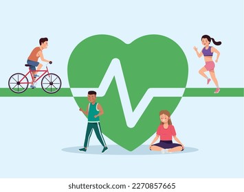 group of athletes in heart cardio characters