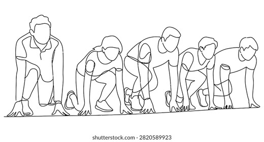 Group of athletes in starting position ready to run a race Vector, illustration