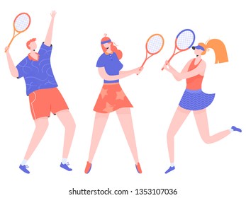 Group of athletes tennis players. One man and two women. Vector characters isolated on white background.