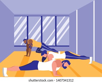 group of athletics people doing chest push ups in gym