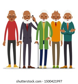 Group of attractive african old men. Older black seniors retired. Cute grandfather standing and smiling. Traditional retirement lifestyle. Cartoon illustration isolated on white background in flat