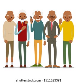 Group of attractive african old men. Older black seniors retired. Cute grandfather standing and smiling. Traditional retirement lifestyle. Cartoon illustration isolated on white background in flat