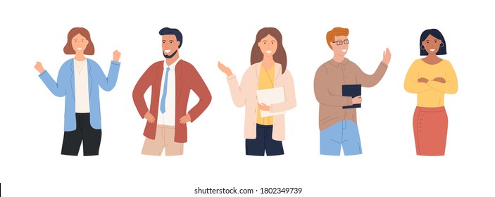 A group of attractive confident people concept. The team actively expresses their emotions. Cheerful cute people and different emotional poses. Emotions of office workers or students. Flat Vector