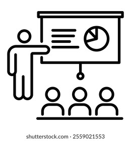 A group of audience listening to a presenter pointing at a screen displaying chart slides in a meeting room, representing a business presentation, round line vector icon with editable stroke