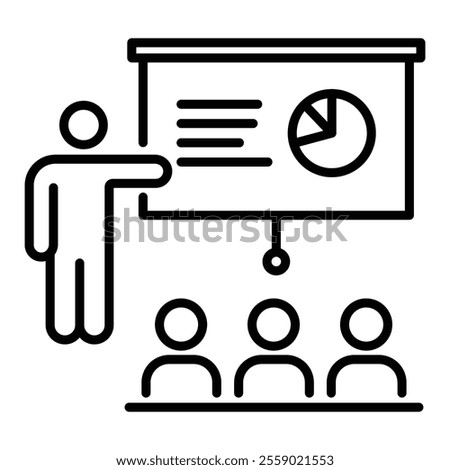 A group of audience listening to a presenter pointing at a screen displaying chart slides in a meeting room, representing a business presentation, round line vector icon with editable stroke