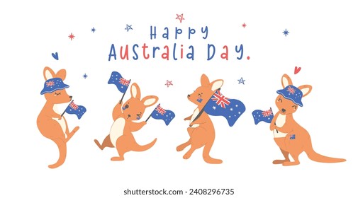 Group of Australia day baby kangaroos cartoon animal with balloons and flag, Aussie animal wildlife hand drawing