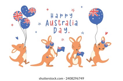 Group of Australia day baby kangaroos cartoon animal with balloons and flag, Aussie animal wildlife hand drawing