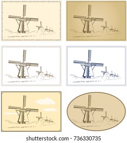 Group of authentic windmills at Dutch village Kinderdijk. Vector illustration isolated on background. Illustration is done from a photograph. Realistic. Good idea for label, logo, sticker, emblem. 