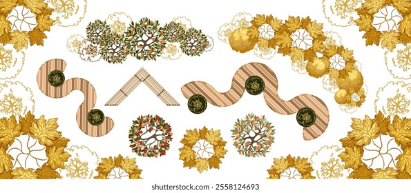 Group of autumnal trees for architectural floor plans. Trees and benches for architectural floor plans. Entourage design for the landscape design plan. Vector illustration.