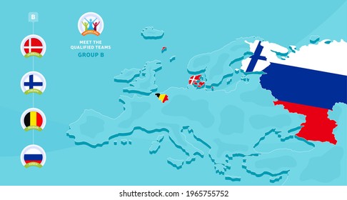 Group B European 2020 football championship Vector illustration with a map of Europe and highlighted countries flag that qualified to final stage and logo sign on blue background. euro 2020