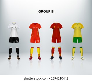 Group B of women soccer uniform in generic color theme. Design of female t shirt of world nation tournament in vector illustration