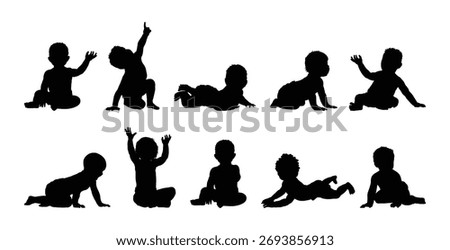 Group of babies and toddlers in different poses and positions silhouette set vector illustration collection. 