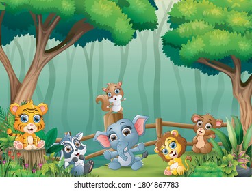 A Group Of Baby Animals Playing Inside The Wooden Fence