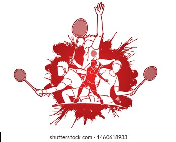 Group of Badminton player action cartoon graphic vector.