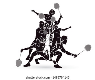 Group of Badminton players action cartoon graphic vector.