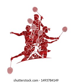 Group of Badminton players action cartoon graphic vector.