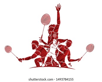 Group of Badminton players action cartoon graphic vector.