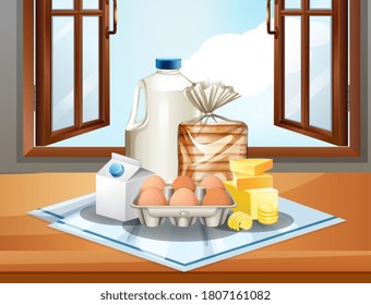 Group of baking ingredients such as milk butter and eggs on window background illustration