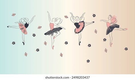 Group of ballet dancer and different poses with sequins for embroidery design. 