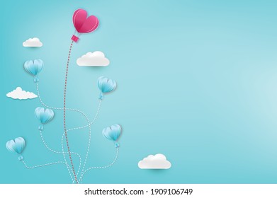Group of Balloon flying.Paper Balloon in one direction and one red balloon pointing in different way on background.Unique,out standing.Vector concept inspiration and think different concept.