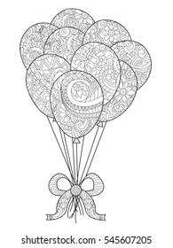 Group of balloons on a string coloring book for adults vector illustration. Anti-stress coloring for adult. Hand drawn, isolated on a white background. Zentangle style. Black and white. Lace pattern