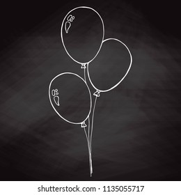 Group of balloons on a string. Hand drawn chalk on the board. Vector illustration