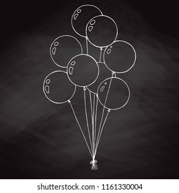 Group of balloons on a string. Hand drawn chalk on the board. Vector illustration