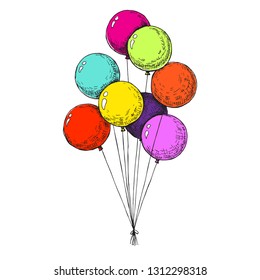 Group of balloons on a string. Hand drawn, isolated on a white background. Vector illustration - Vector