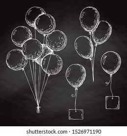 Group of balloons on a string. Hand drawn chalk on the board. Vector illustration