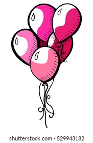 Group of balloons on a string. Hand drawn, isolated on a white background. Vector illustration.