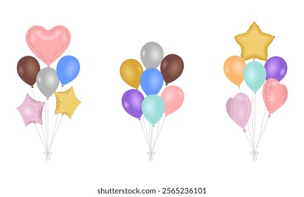 group of balloons for party decoration with star and heart balloon shape. vector illustration isolated on white background.