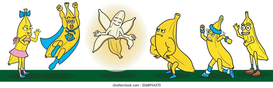 Personajes del grupo de bananas. Caracteres de frutas de varios estilos sobre fondo blanco y suelo verde. Ilustración del vector