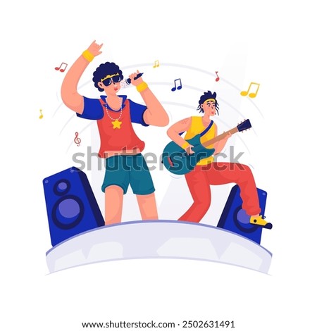 Group band performance on stage, Live music concert, Vector illustration