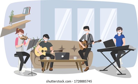 Group band playing instruments together at home