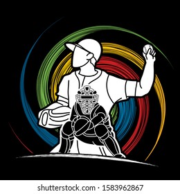 Group of Baseball players action cartoon sport graphic vector.