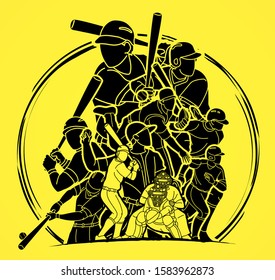 Group of Baseball players action cartoon sport graphic vector.