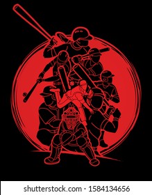 Group of Baseball players action cartoon sport graphic vector.