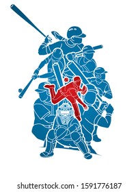 Group of Baseball players action cartoon sport graphic vector.