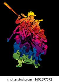 Group of Baseball players action cartoon sport graphic vector.