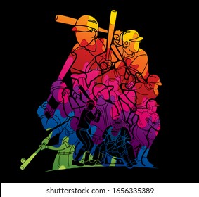 Group of Baseball players action cartoon sport graphic vector.