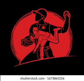 Group of Baseball players action cartoon sport graphic vector.