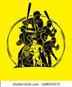 Group of Baseball players action cartoon sport graphic vector.