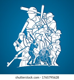 Group of Baseball players action cartoon graphic vector.
