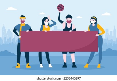 Group of Basket Ball Fans Holding a Banner Flat Design Vector Illustration